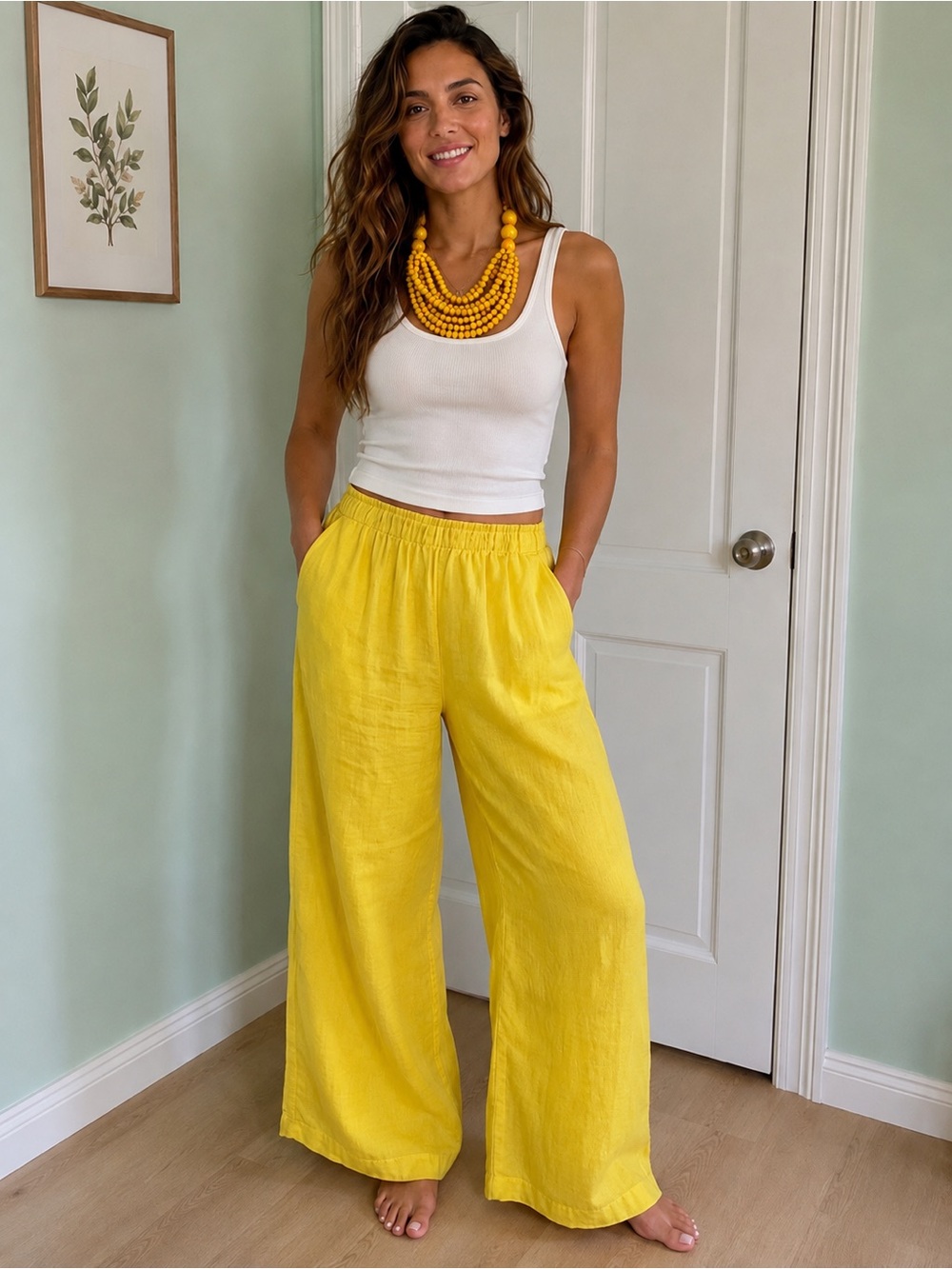 bryn Walker Wide-Leg Elastic Waist Linen Pants in Yellow With Pockets 💯 Linen
